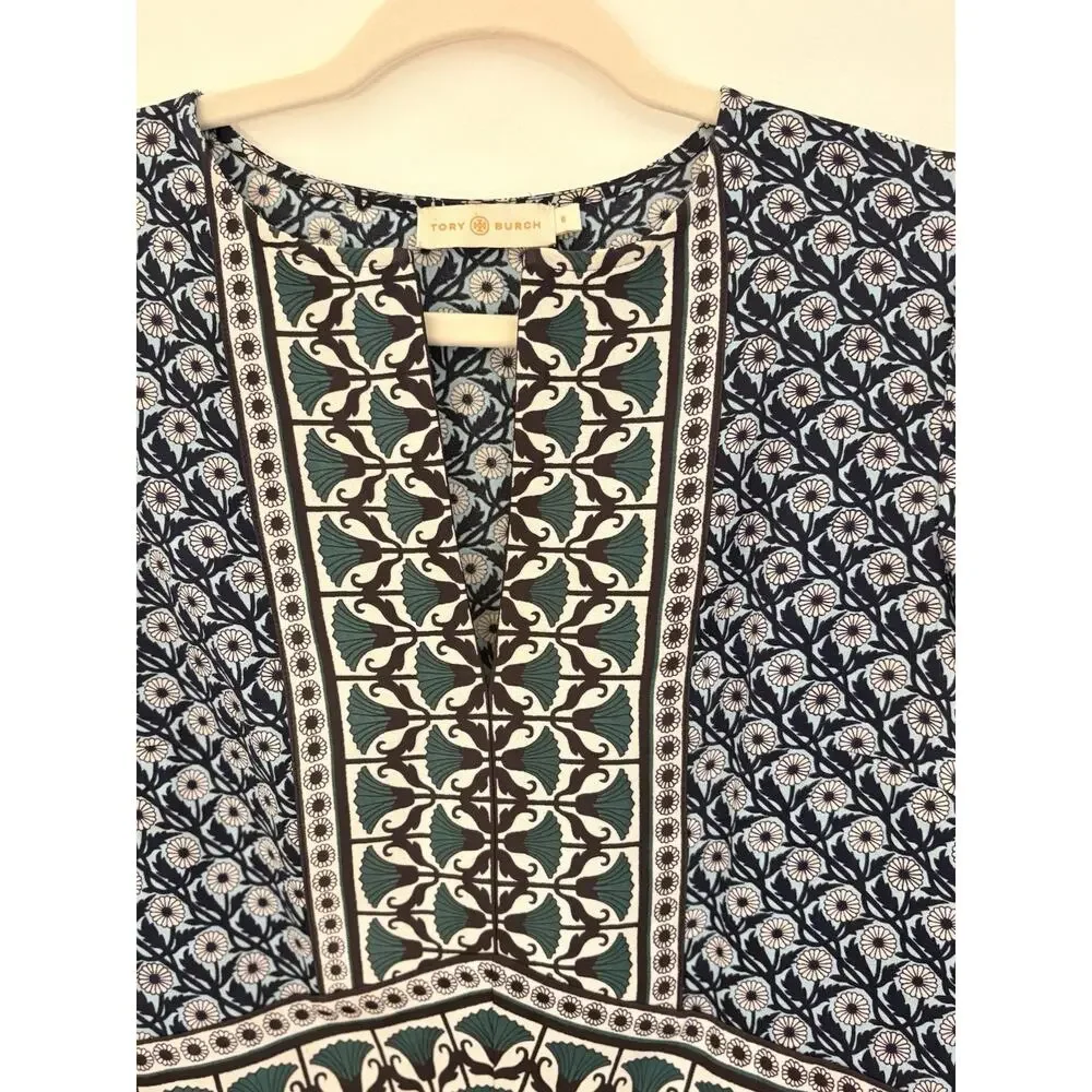 Tory Burch Long Sleeve Dress Goemetric/Floral Pattern Blue Green V-neck Size 6